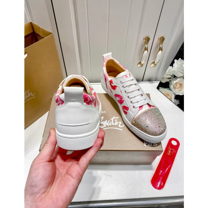 Christian Louboutin Lips‑Print Crystal‑Toe Low‑Top Lace‑Up Sneakers