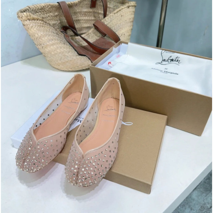 Christian Louboutin Nude Mesh Crystal‑Embellished Split‑Toe Ballet Flats