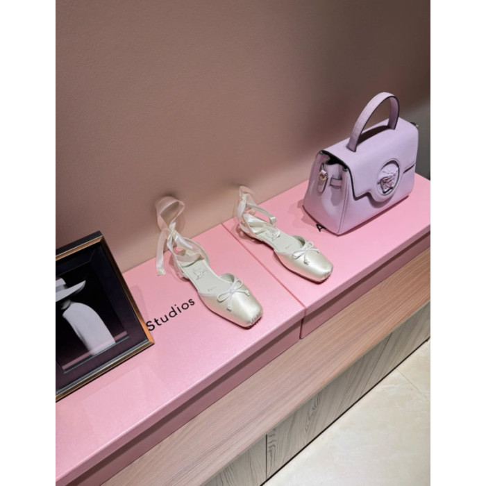 Christian Louboutin Ivory Satin Bow Tie‑Ankle Flat Ballet Sandals