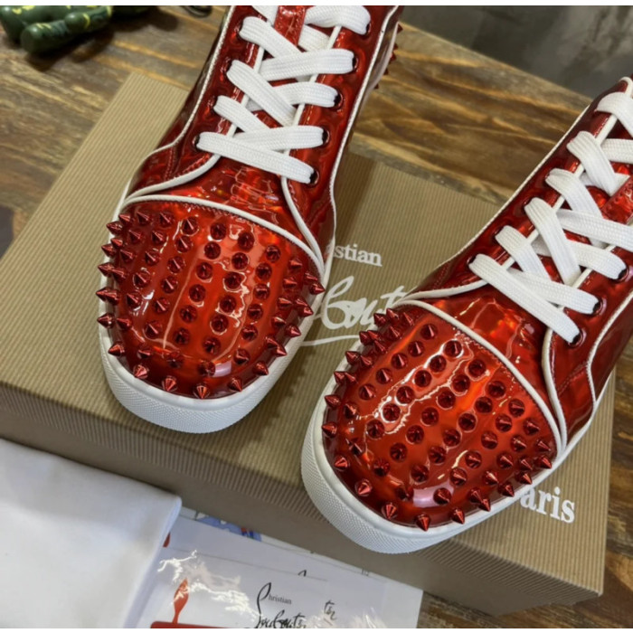 Christian Louboutin Red Metallic Patent Spike‑Toe Low‑Top Sneakers