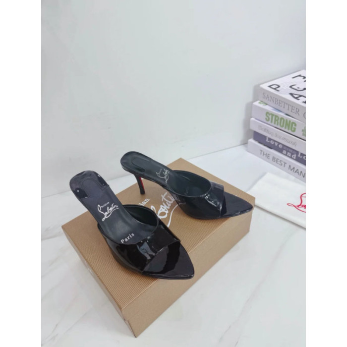 Christian Louboutin Black Patent 100mm Pointed‑Toe Heel Mule Sandals