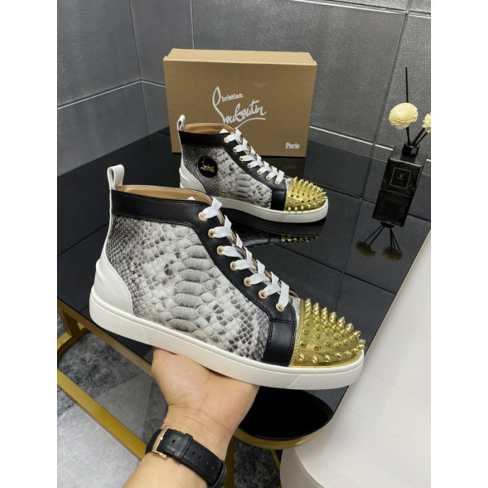 Christian Louboutin Grey Snake‑Print Gold‑Spiked High‑Top Sneakers