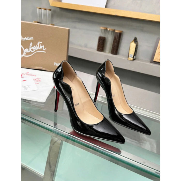 Christian Louboutin Black Patent Leather Scalloped Pointed‑Toe 100mm High Heel Pumps