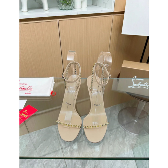 Christian Louboutin Beige Leather Gold‑Spiked Ankle‑Strap Sandal 100mm heel