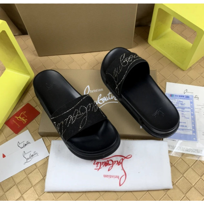Christian Louboutin Black Suede Silver‑Rhinestone Graffiti Logo Slide Sandals