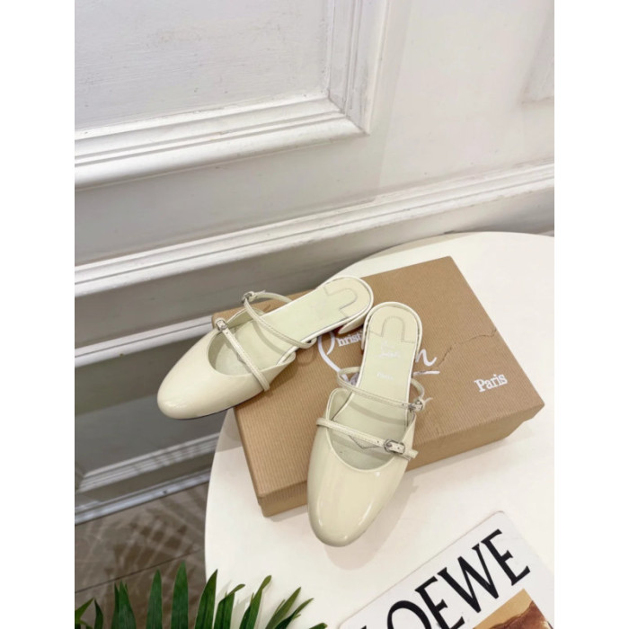 Christian Louboutin Cream Patent Leather Slingback Mary Jane Flat Mules