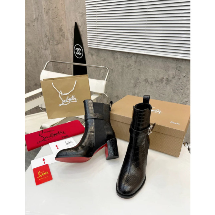 Christian Louboutin Black Croc‑Effect Leather 85mm Block‑Heel Chelsea Ankle Boots with CL Buckle