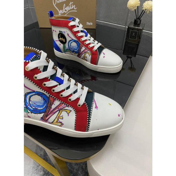 Christian Louboutin White LOVE Graffiti Print High‑Top Sneakers