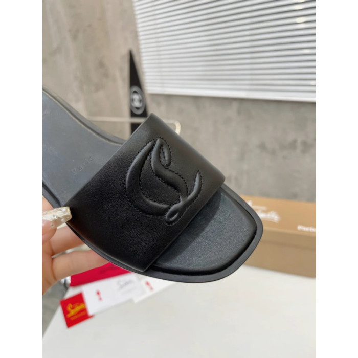 Christian Louboutin Signature Stitched Logo Black Leather Flat Slip‑on Sandal