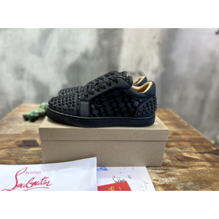 Christian Louboutin Black Monogram‑Print Spike‑Embellished Low‑Top Sneakers