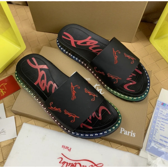 Christian Louboutin Black Logo‑Print Slides Rainbow Crystal‑Trimmed Sole