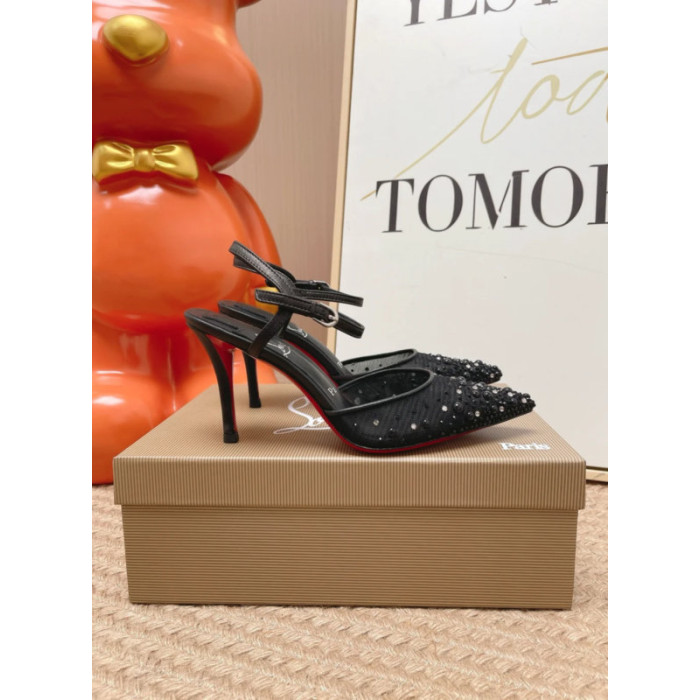 Christian Louboutin Black Mesh 80mm Apostropha Crystal‑Embellished Slingback Stiletto Heel Pumps