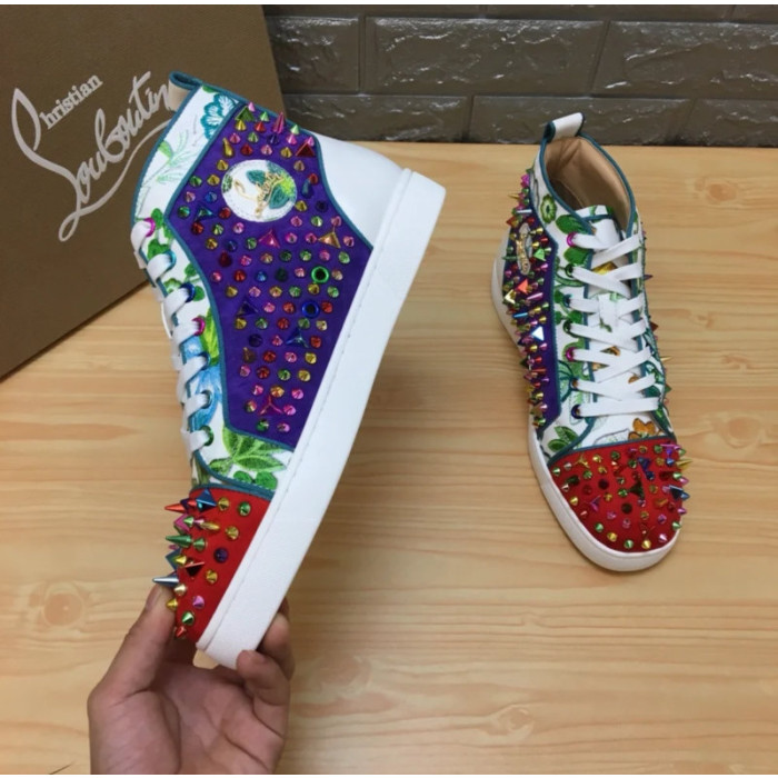 Christian Louboutin Floral Print Multicolor Spiked 20mm High‑Top Sneakers