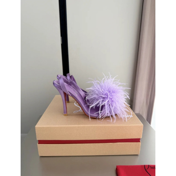 Christian Louboutin Purple Satin Feather 100mm Slingback Sandals