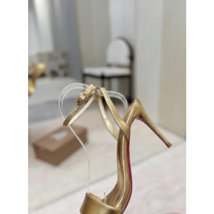 Christian Louboutin Gold Laminated Leather 85mm Stiletto Heel Ankle‑Strap Sandals