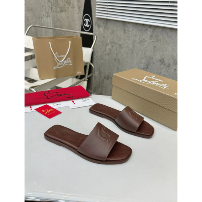 Christian Louboutin Debossed Stitched Logo Dark Brown Leather Flat Slide