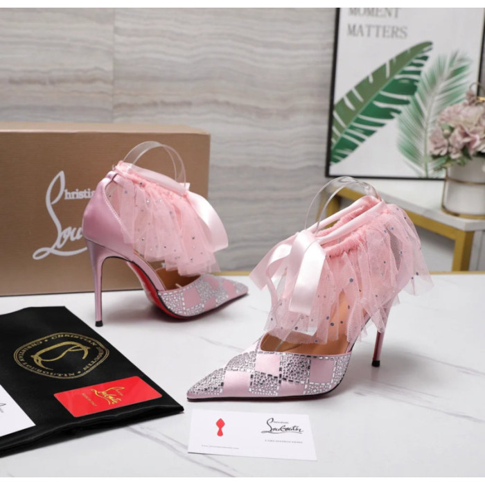 Christian Louboutin Pastel Pink Satin Checkerboard Crystal Tulle Ruffle 100mm Stiletto Heel Pumps