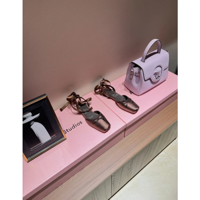 Christian Louboutin Bronze Satin Tie‑Ankle Ballet Flat Sandals
