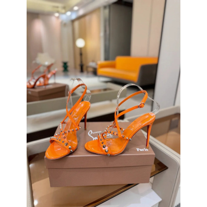 Christian Louboutin Orange Patent Studded Crisscross Ankle‑Strap Open‑Toe High Heel Sandals