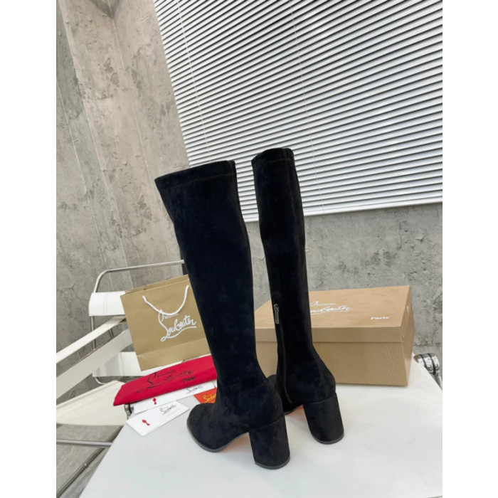 Christian Louboutin Black Suede 85mm heel Block‑Heel Knee‑High Boots