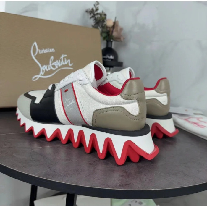 Christian Louboutin White‑Black‑Beige Color‑Block Lace‑Up Sneakers Red Shark‑Tooth Sole