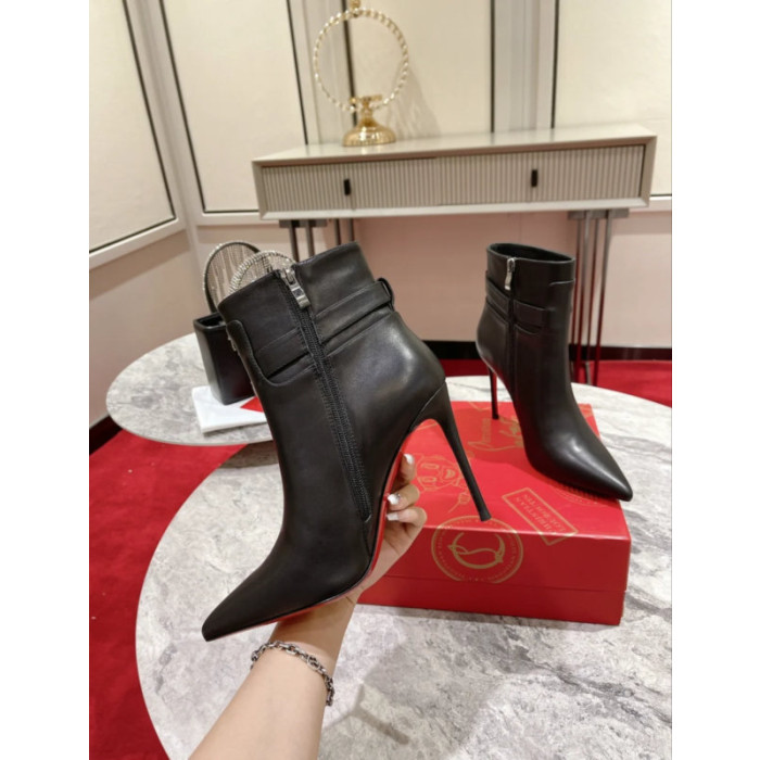 Christian Louboutin Black Leather Metal‑Buckle 100mm Pointed Toe Ankle Boots