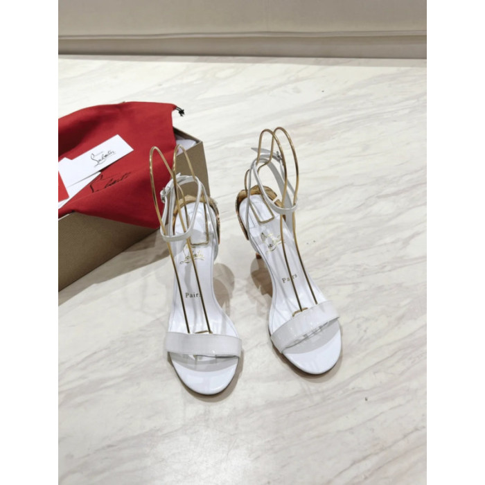 Christian Louboutin White Patent 100mm Gold‑Sculpted Heel Ankle‑Strap Sandals