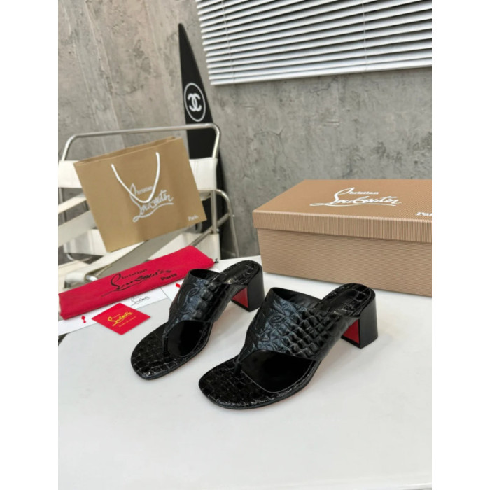 Christian Louboutin Black Croc‑embossed Leather 55mm Block Heel Mule Sandal