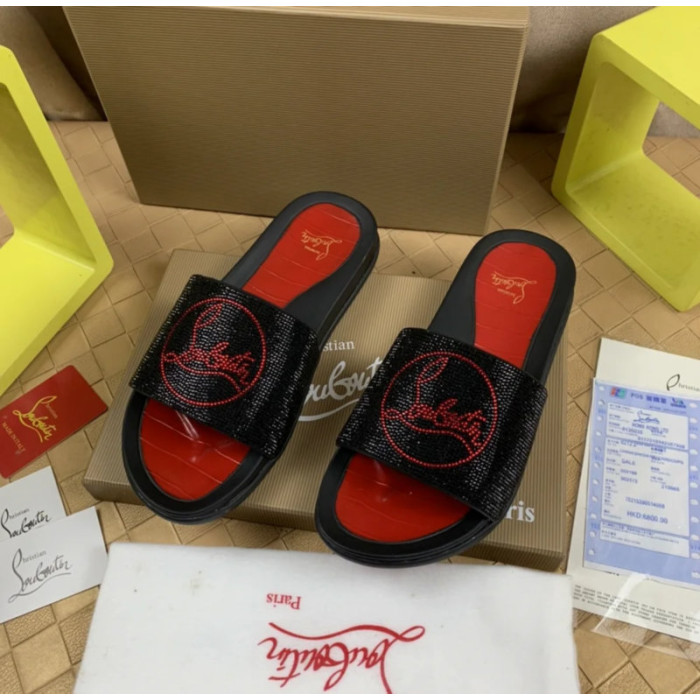 Christian Louboutin Black Crystal Slide Sandals Red Rhinestone Circular Logo