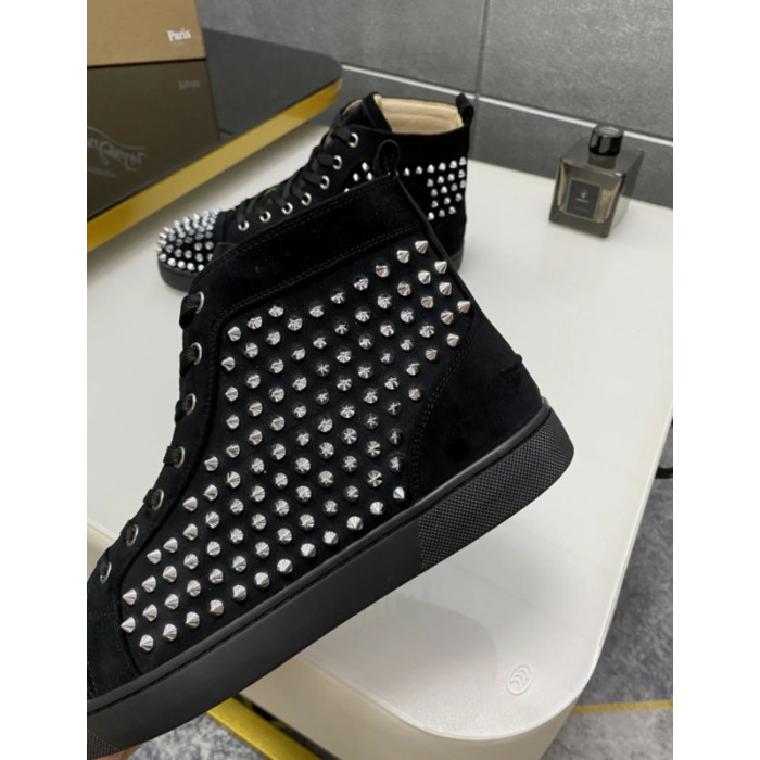 Christian Louboutin Black Suede Full Silver‑Spiked High‑Top Sneakers