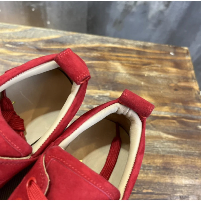 Christian Louboutin Red Suede Monochrome Spiked Low‑Top Men’s Sneakers