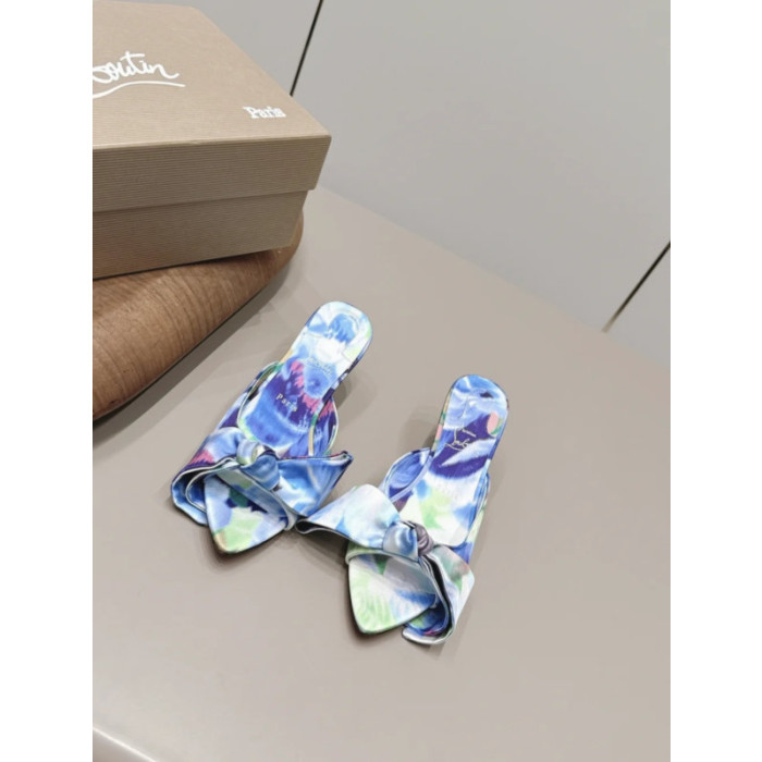 Christian Louboutin Blue Watercolor‑Print Satin Bow Mule Kitten Heel Sandals 55mm heel