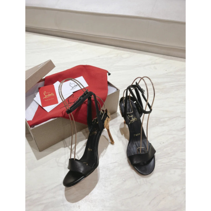 Christian Louboutin Black Leather Gold‑Sculpted Heel Ankle‑Strap Sandals