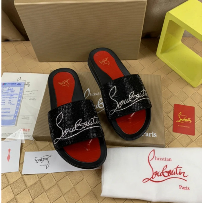 Christian Louboutin Black Crystal Logo Embellished Flat Slide Sandals