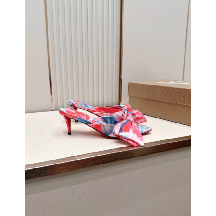 Christian Louboutin Floral‑Print Satin Bow 55mm Pointed‑Toe Mule Heels