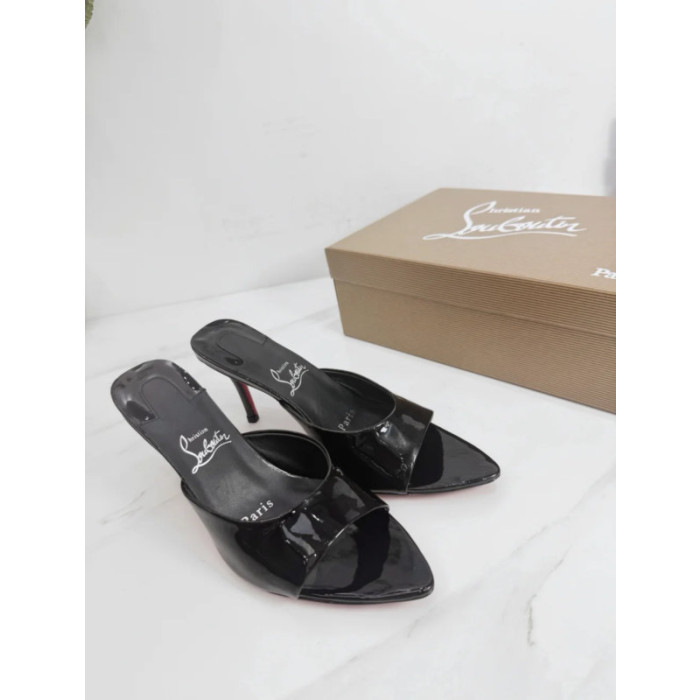 Christian Louboutin Black Patent 100mm Pointed‑Toe Heel Mule Sandals