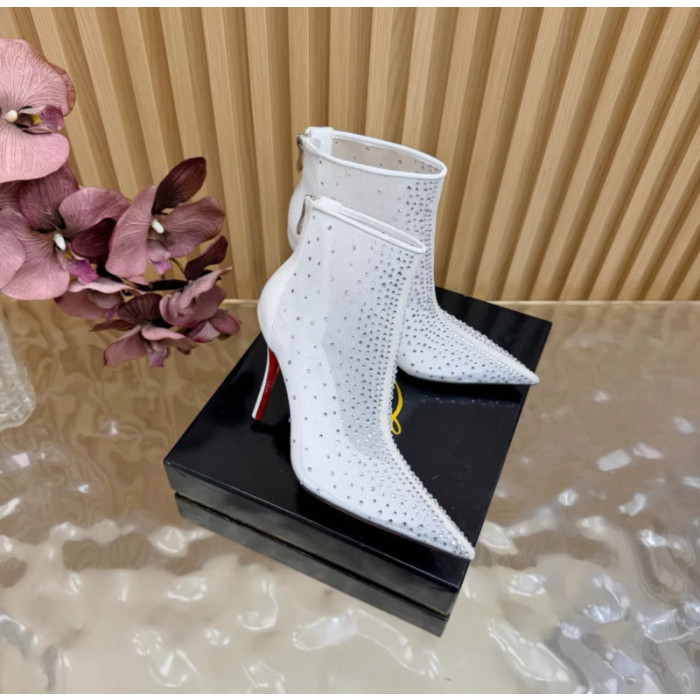 Christian Louboutin White Mesh 100mm Crystal‑Embellished Pointed Toe Stiletto Heel Ankle Boots