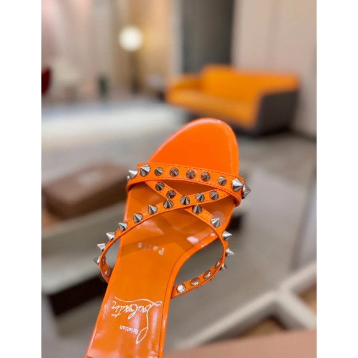 Christian Louboutin Orange Patent Leather 100mm heel Silver‑Spiked Mule High‑Heel Sandals