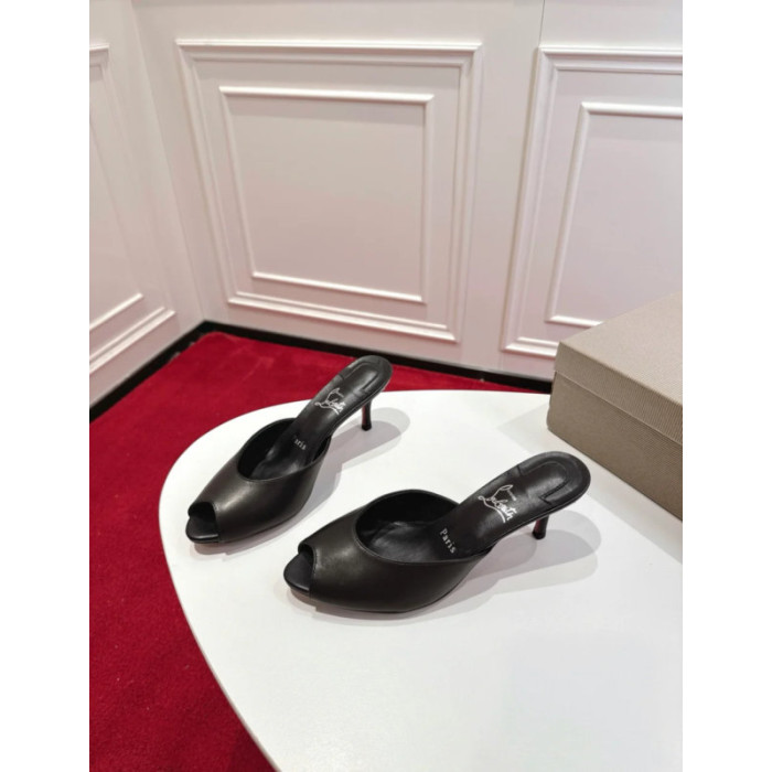 Christian Louboutin Black Leather 55mm Peep‑Toe Mule Heels
