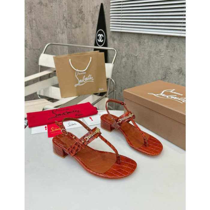 Christian Louboutin Terracotta Croc‑effect Leather Block Heel Thong Sandal