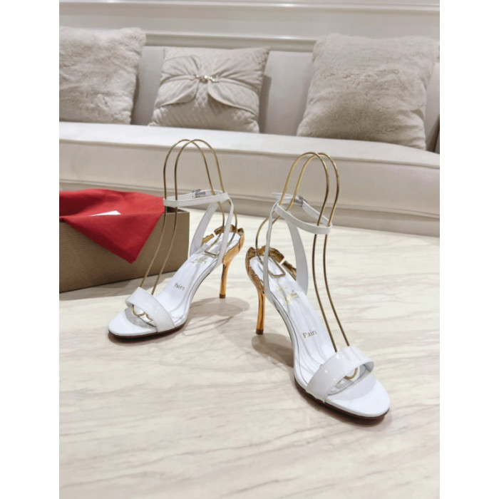 Christian Louboutin White Patent 100mm Gold‑Sculpted Heel Ankle‑Strap Sandals