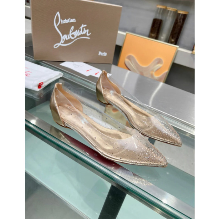 Christian Louboutin Clear PVC Gold Crystal Pointed‑Toe Flat Pumps