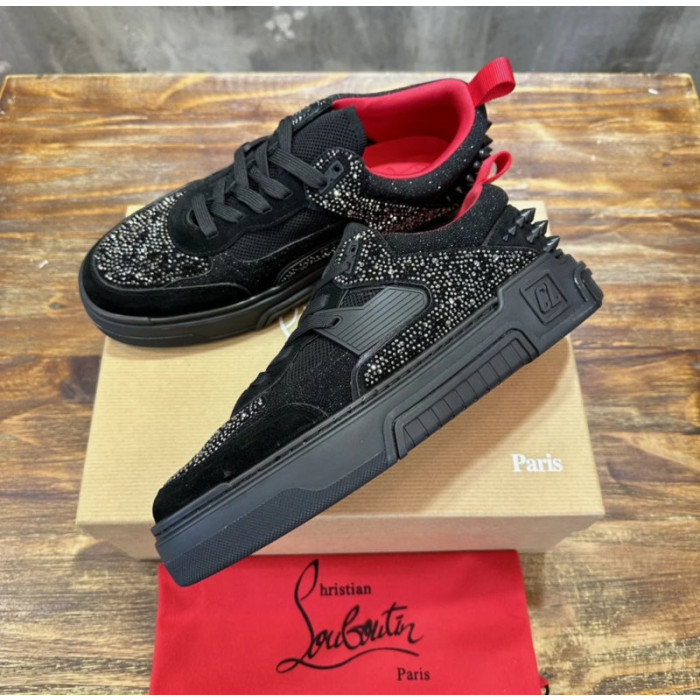 Christian Louboutin Black Suede Crystal Spiked Low‑Top Platform Sneakers