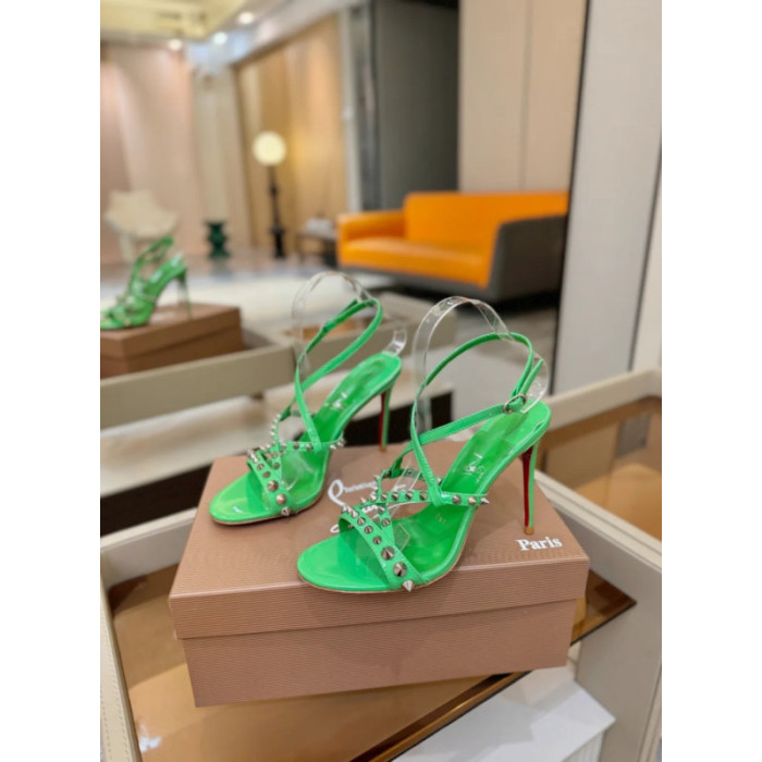 Christian Louboutin Green Patent Studded Ankle‑Strap Stiletto Heel Sandals 120mm heel