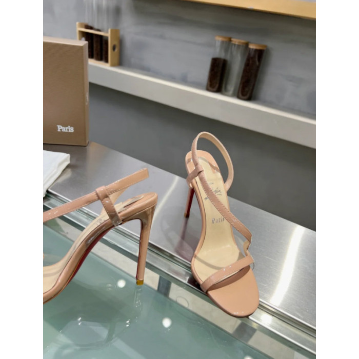 Christian Louboutin Nude Patent Asymmetric Curved Strap Slingback Sandal 100mm heel