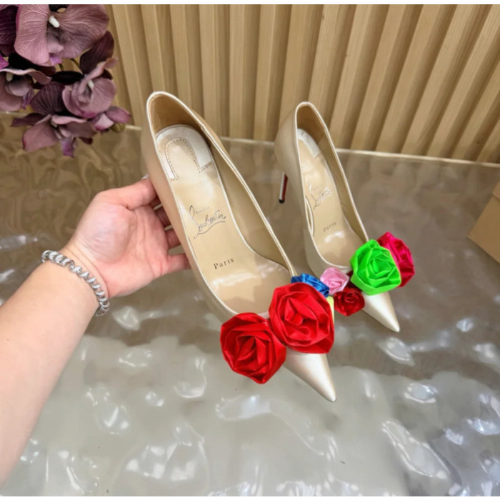 Christian Louboutin Ivory Satin Multicolor Fabric Flower 100mm Stiletto Heel Pumps