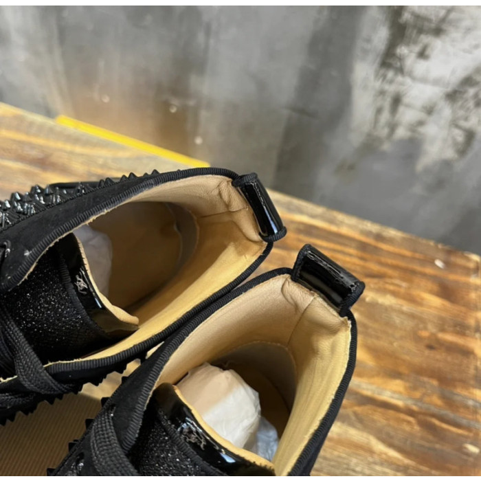 Christian Louboutin Black Glitter Spike‑Embellished High‑Top Sneakers