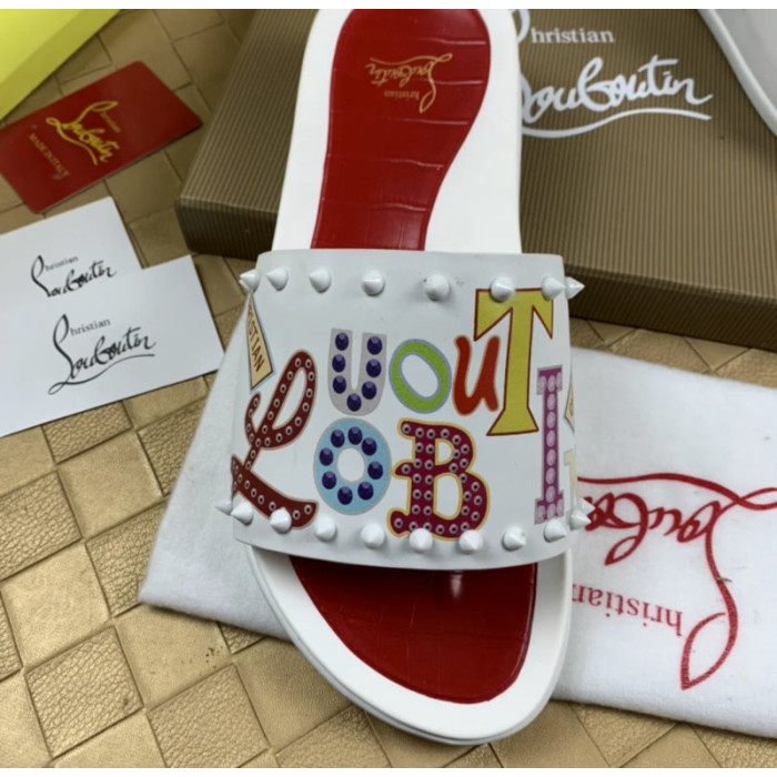 Christian Louboutin White Cartoon‑Graffiti Spiked Slide Sandals Red Footbed