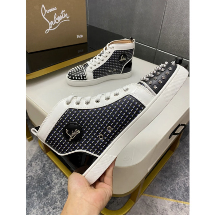 Christian Louboutin White Leather Geometric‑Print Silver‑Spiked High‑Top Sneakers