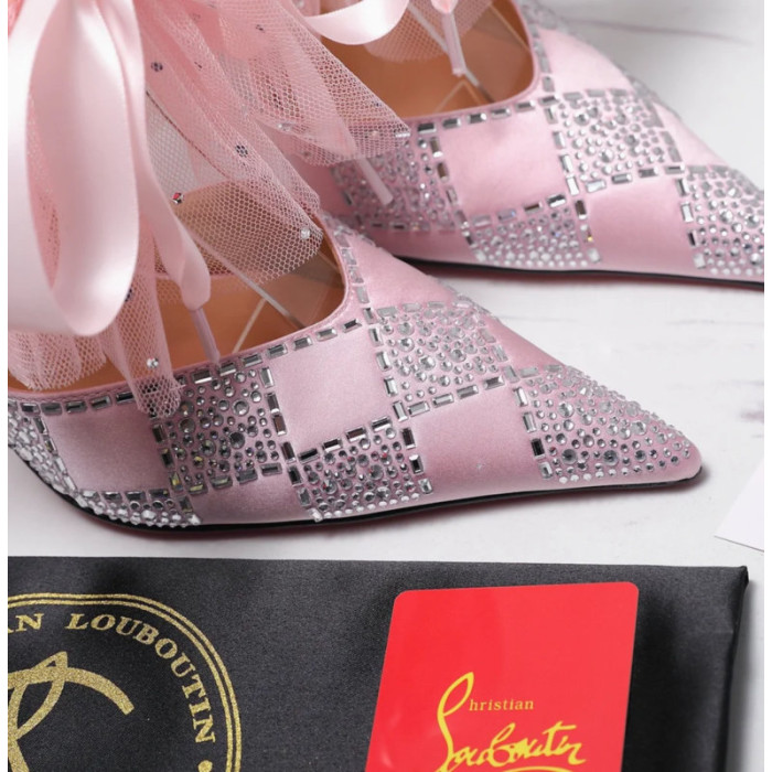 Christian Louboutin Pastel Pink Satin Checkerboard Crystal Tulle Ruffle 100mm Stiletto Heel Pumps